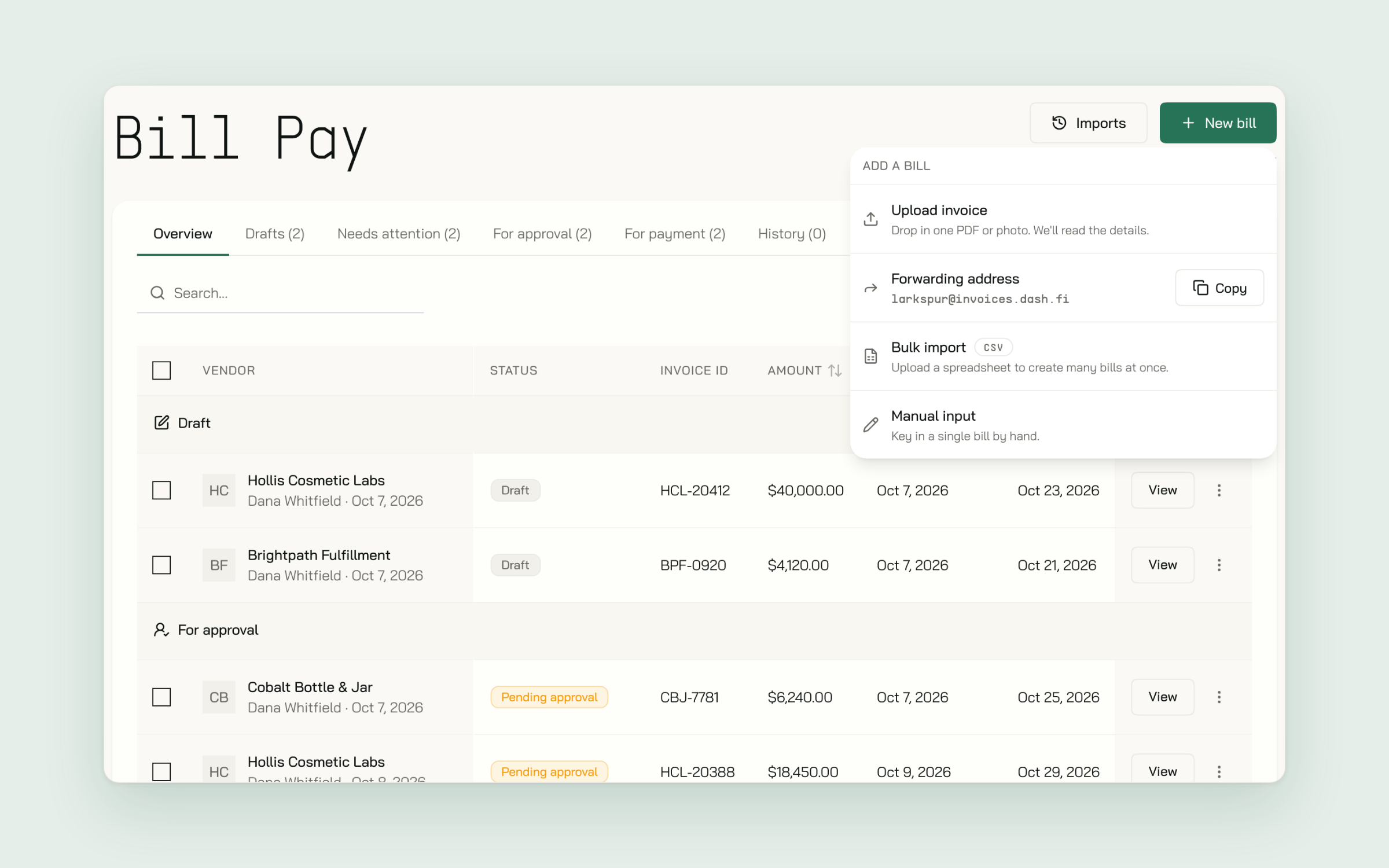 The New bill menu with Upload invoice, Forwarding address, Bulk import, and Manual input