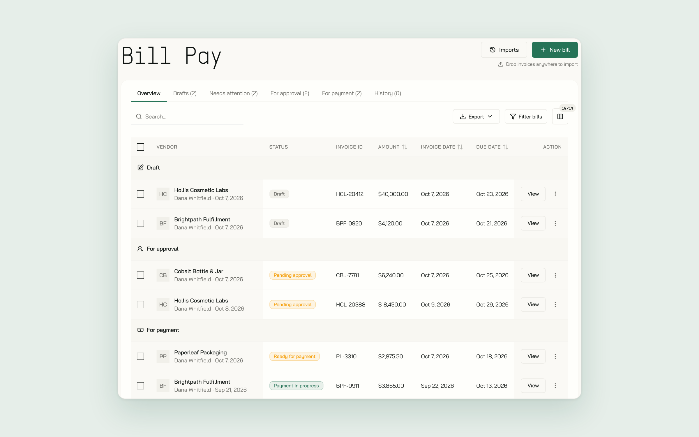 Bill Pay overview showing bills grouped as Draft, Needs attention, For approval, and For payment