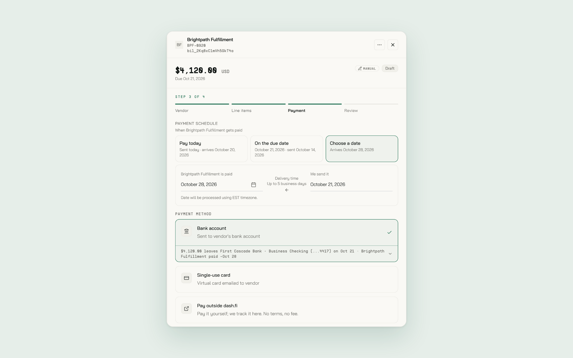 A bill's Payment step with Bank account, Single-use card, and Pay outside dash.fi