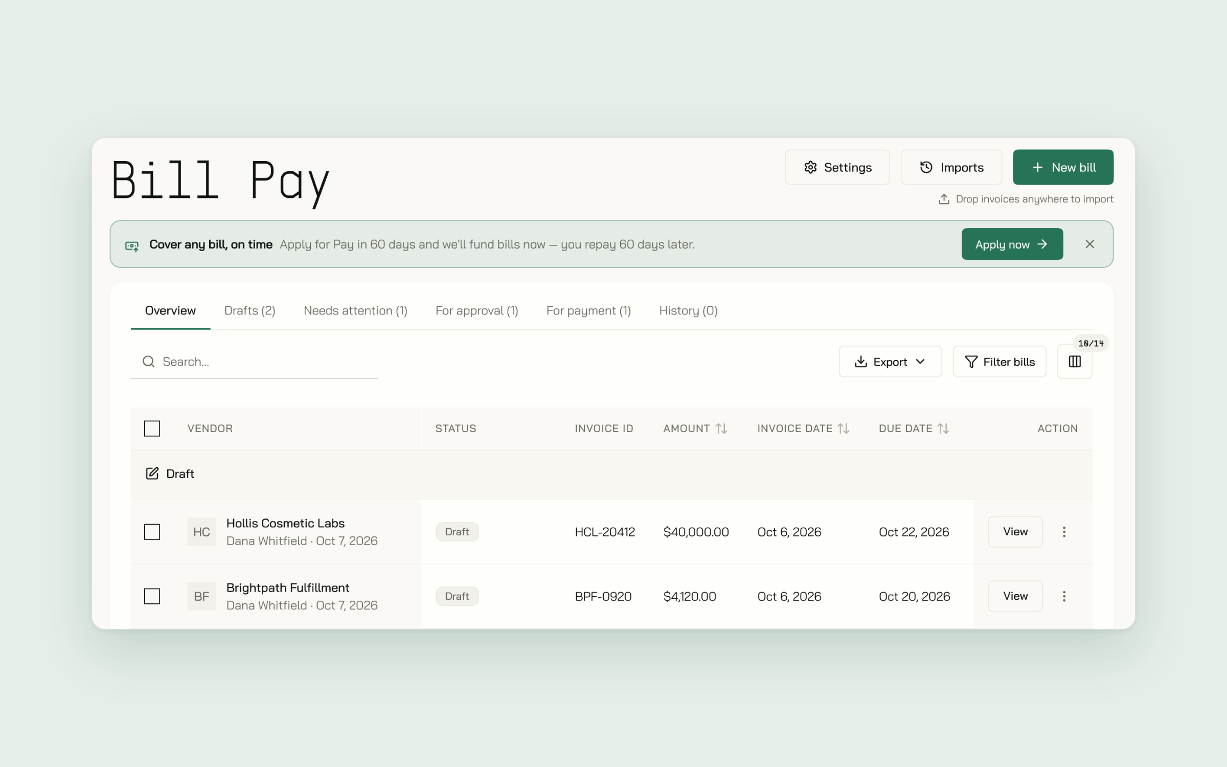 Bill Pay with the Pay later banner and its Apply now button.