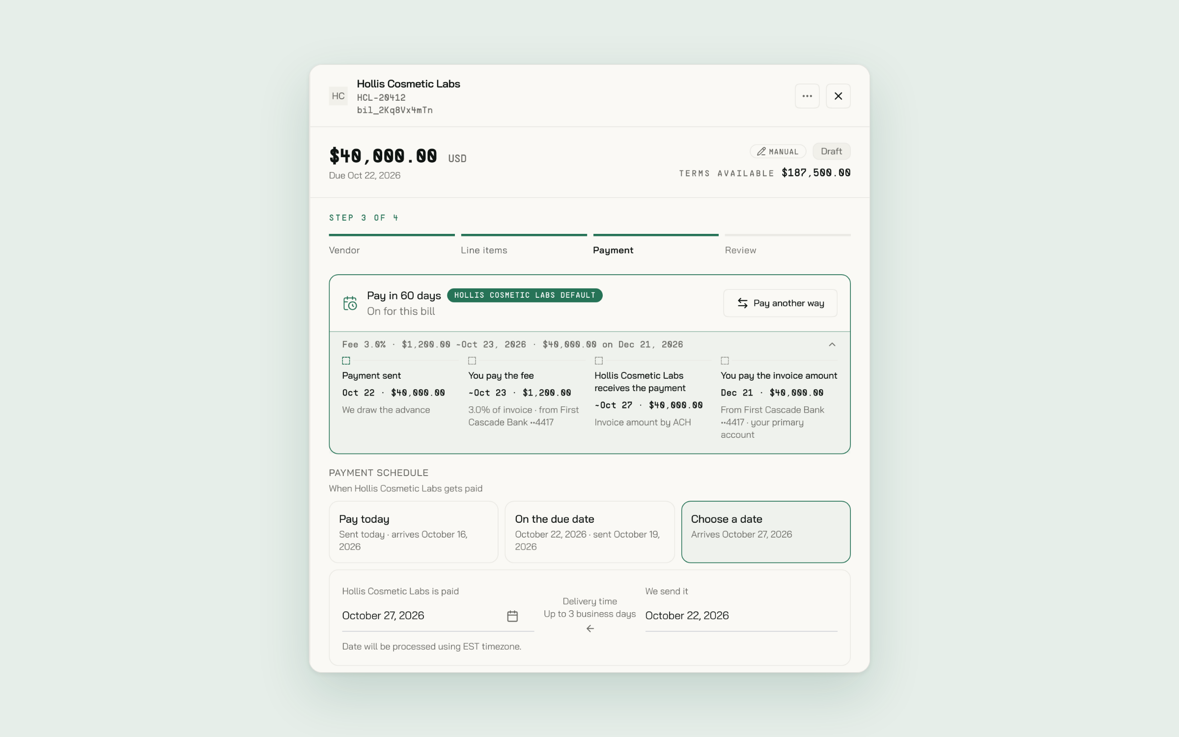 A bill on the payment step with Pay in 60 days switched on, showing the payment, fee and repayment dates.