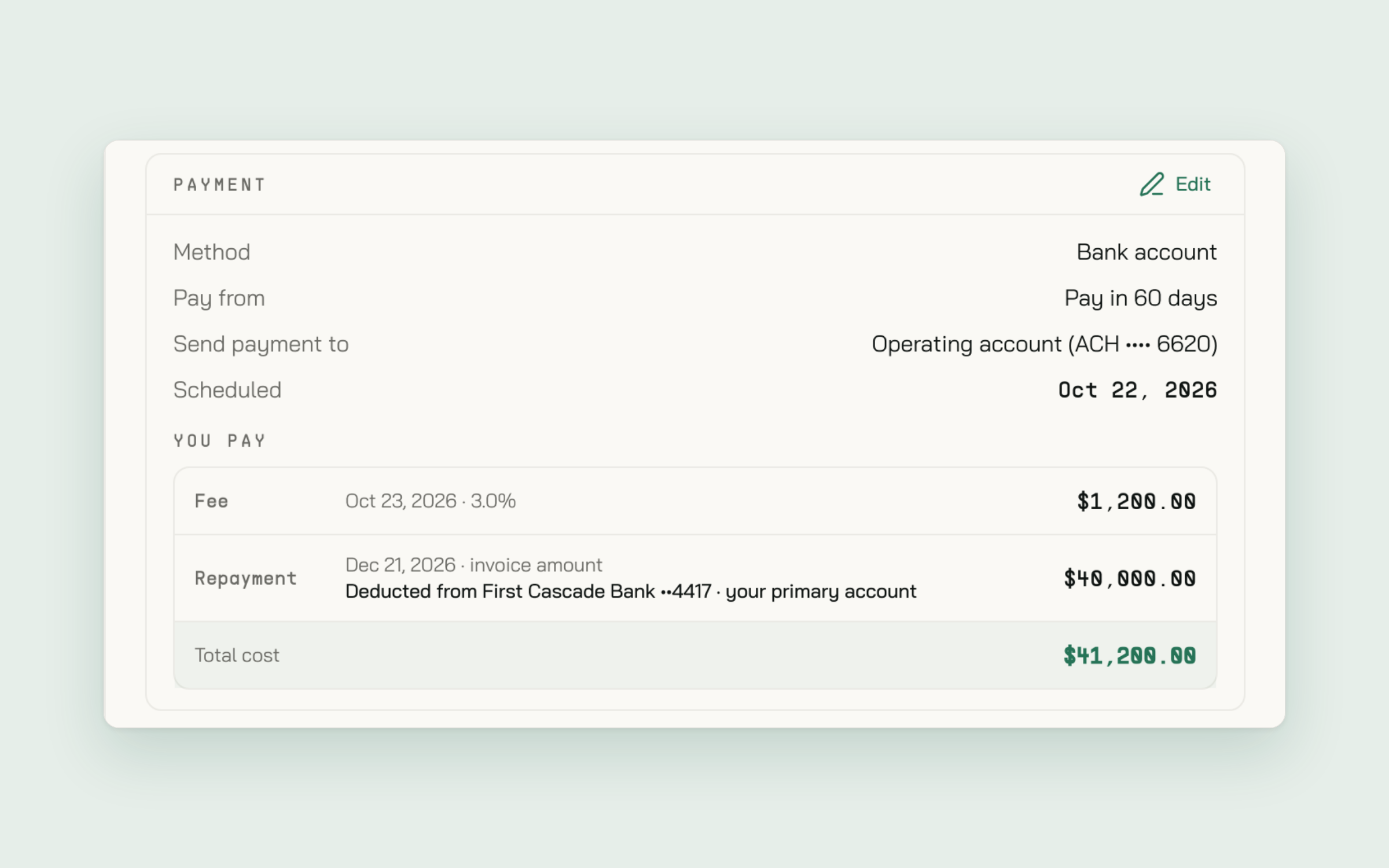 The review step showing what you pay: the fee, the repayment, and the total cost.
