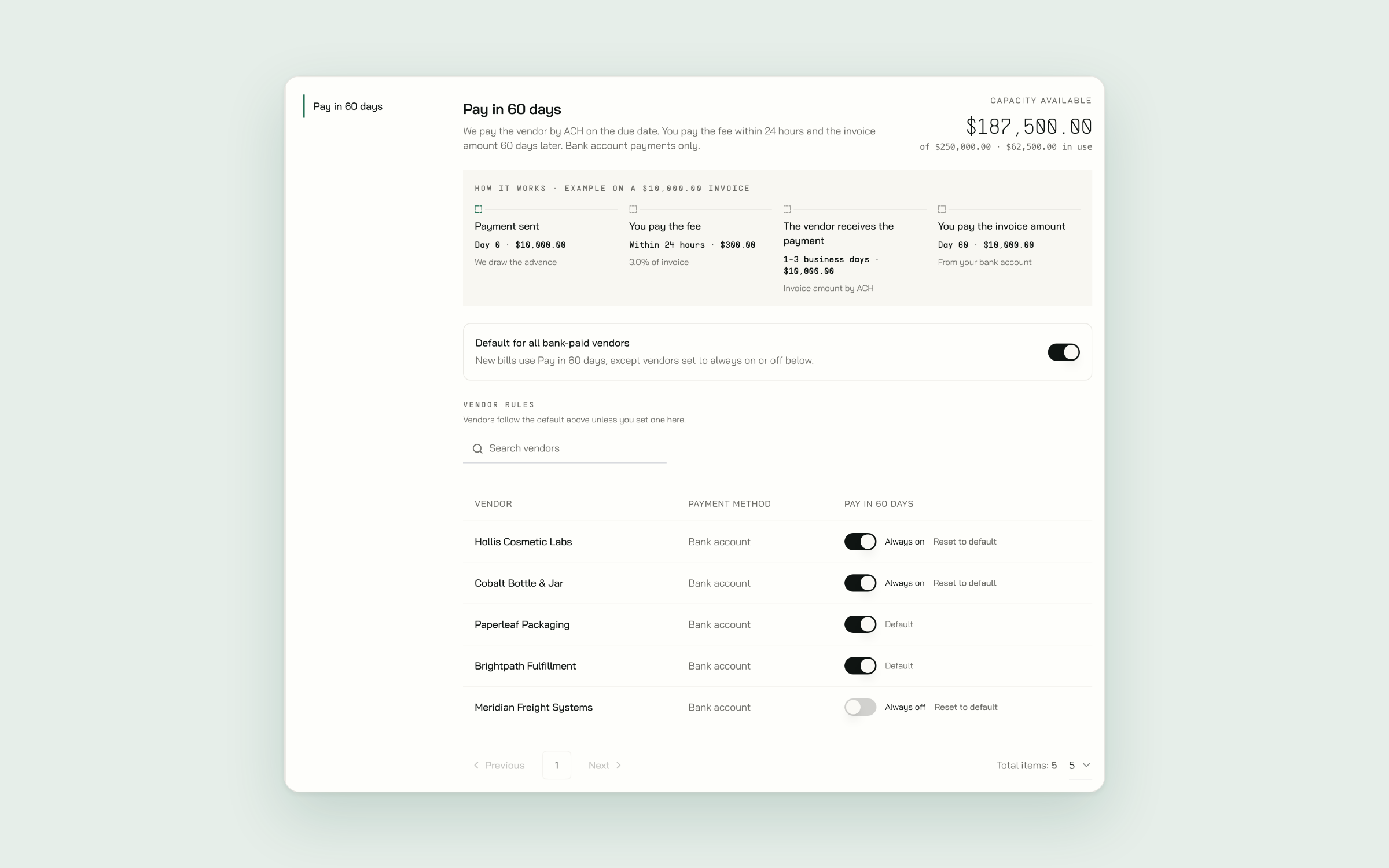 Bill Pay settings, Pay in 60 days tab, with the default for all bank-paid vendors and per-vendor rules.