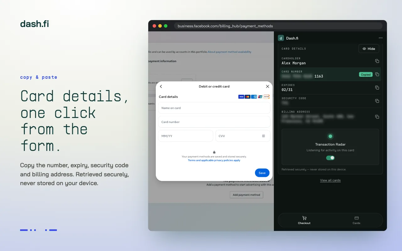 Dash.fi Card Assistant side panel beside a checkout card form