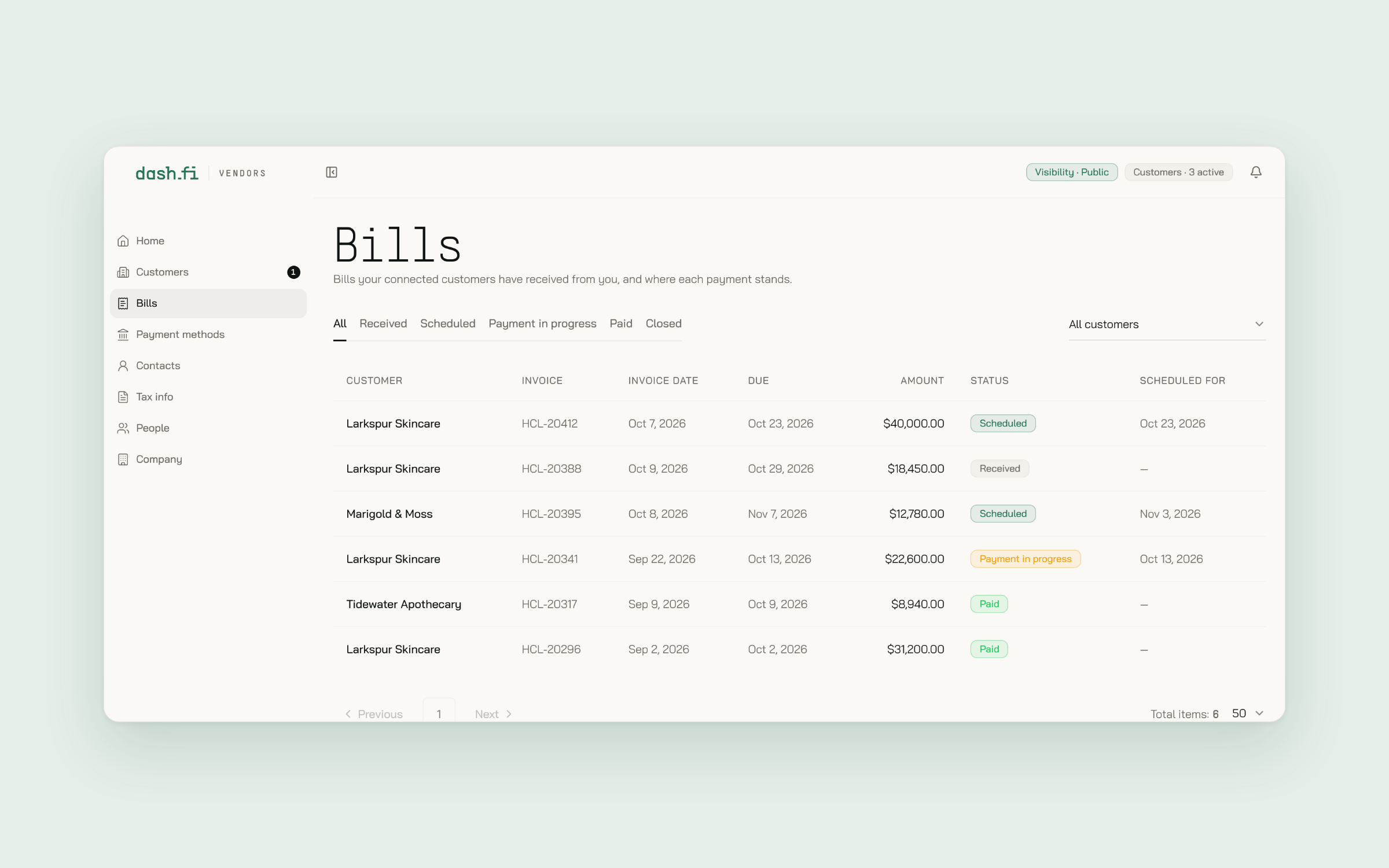 The vendor portal's Bills page, with each bill's status and scheduled payment date